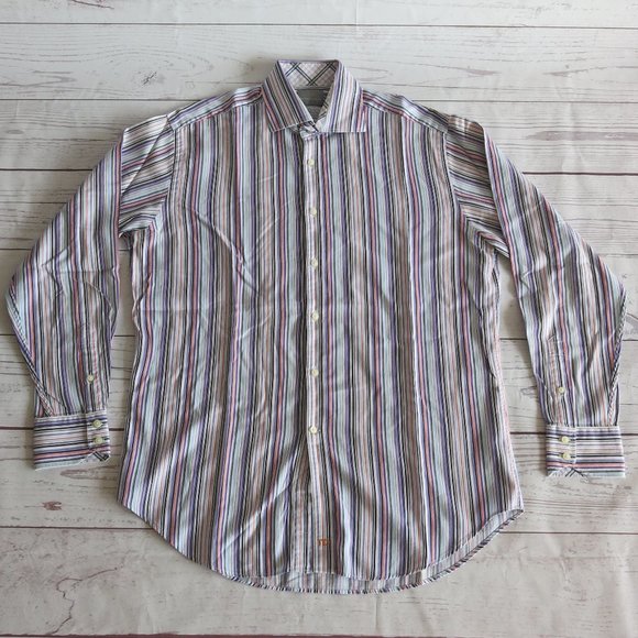 TD Thomas Dean Multi Color Stripe Button Down Long Sleeve Shirt - Size Large - Picture 2 of 5